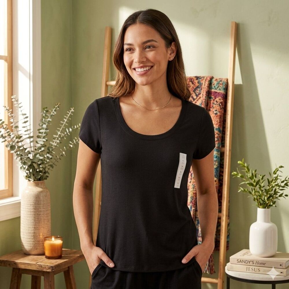 A New Day Womens XL Black Ribbed Knit Shirt Short Sleeve Scoop Neck NWT